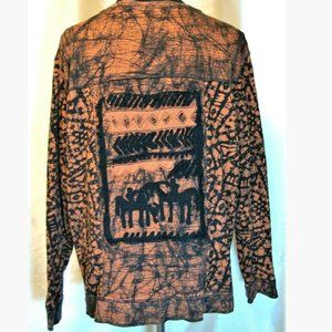 Chico's Spa 2/L Black Rust Batik Tribal Print Cotton Zip Shirt Jacket